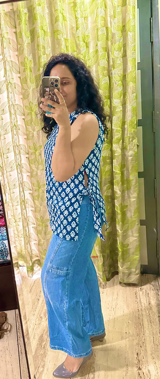 Blue halter neck Side-Tie Top