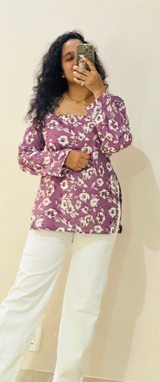 mauve floral short kurti