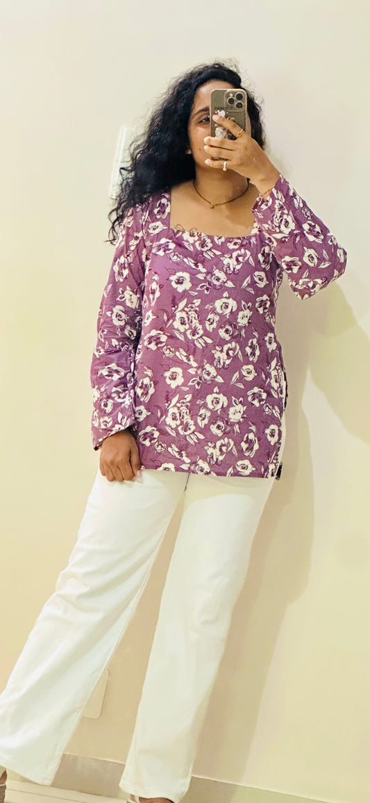 mauve floral short kurti