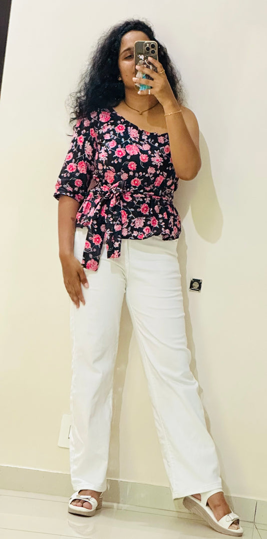 Midnight Bloom One-Shoulder Top