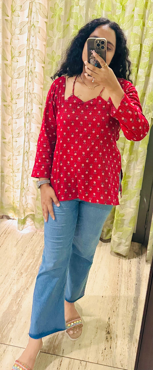 Kantha Red Neck-tie top