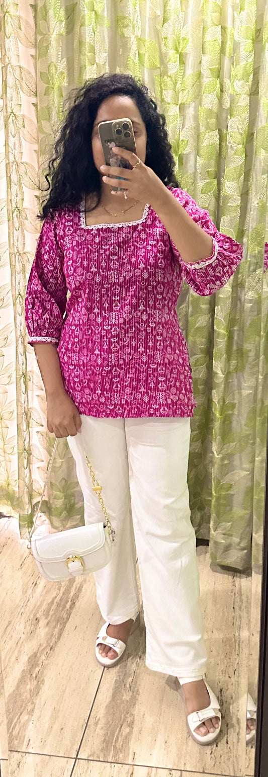 Kantha Cotton Kurti – Rani Pink